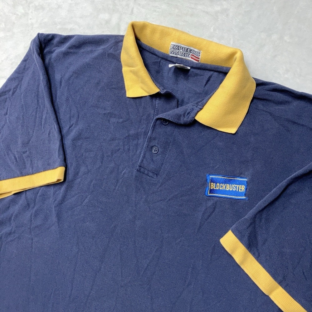 Vintage 90s Blockbuster Video Employee Polo Uniform Shirt Mens XL Blue Yellow